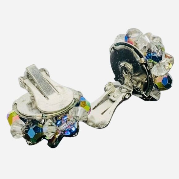 Womens Sparkly Aurora Borealis Crystal Flower Vintage Button Clip On Earrings - Picture 8 of 9